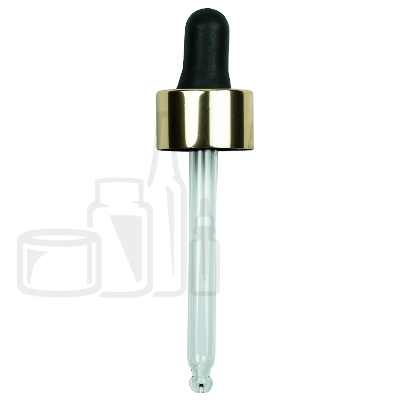 Stock aluminum collared dropper for 30ml glass bottle, shiny gold collar black nitrile bulb