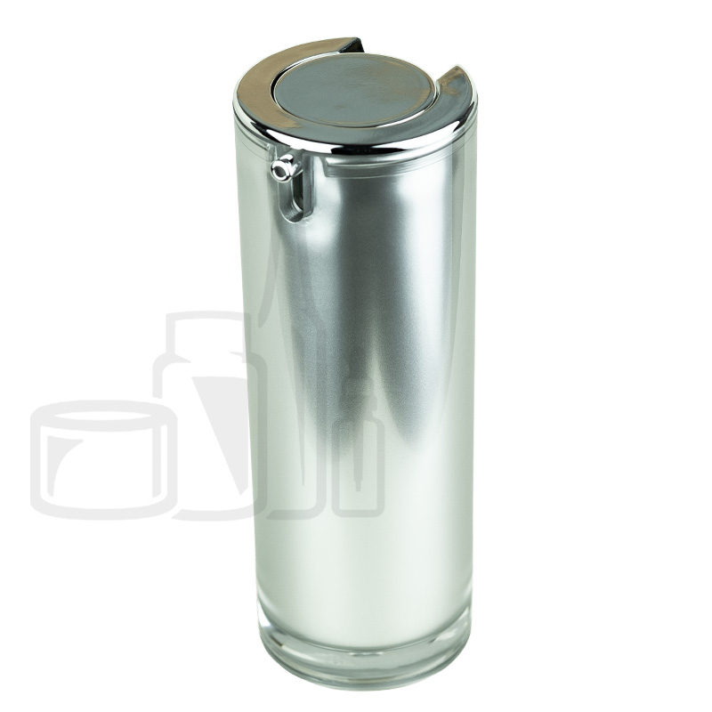 Stock 30ml double wall airless bottle, acrylic outer bottle, PP inner bottle, matte silver body, shiny silver shoulder and actuator