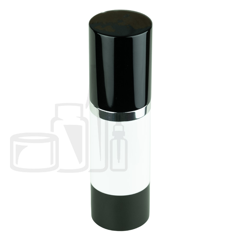 Stock 30ml SAN airless bottle, white body, silver pump, black over cap and base