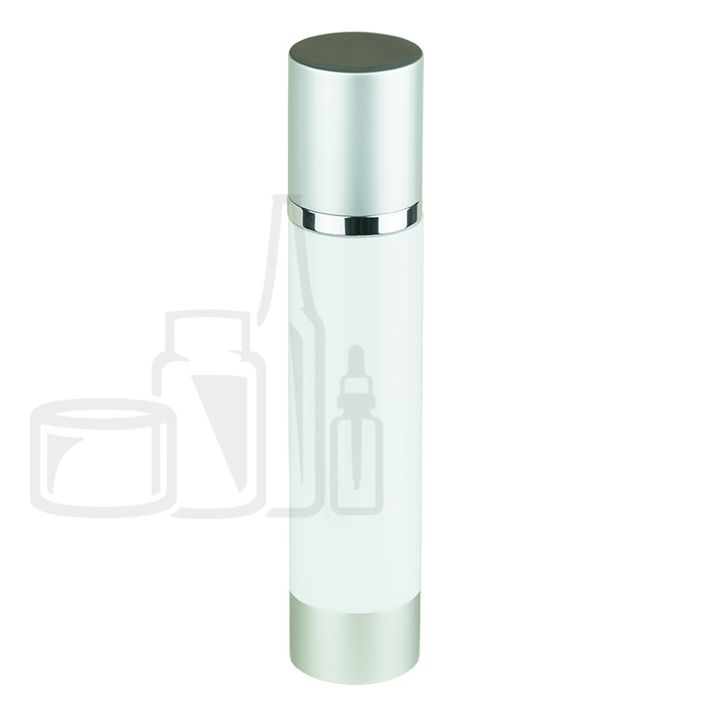 Stock 120ml SAN airless bottle, white body, silver pump