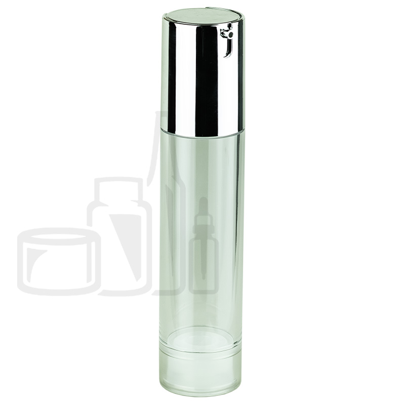 Stock 50ml SAN clear airless bottle, shiny silver integrated pump/cap and actuator