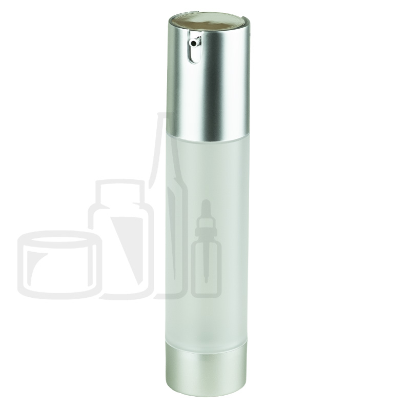 Stock 50ml SAN frosted airless bottle, matte silver integrated pump/cap and base, shiny silver actuator