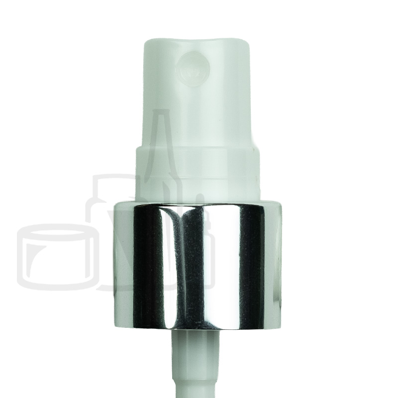 Stock 20/410 spray pump, shiny silver aluminum collar, white actuator with clear overcap