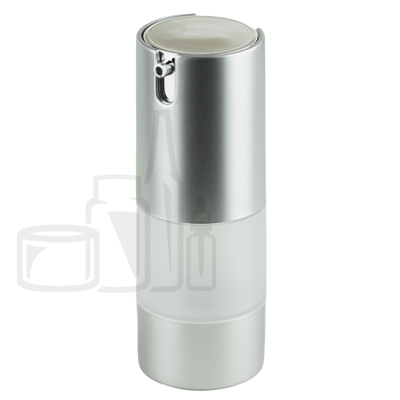 Stock 15ml SAN frosted airless bottle, matte silver integrated pump/cap and base, shiny silver actuator