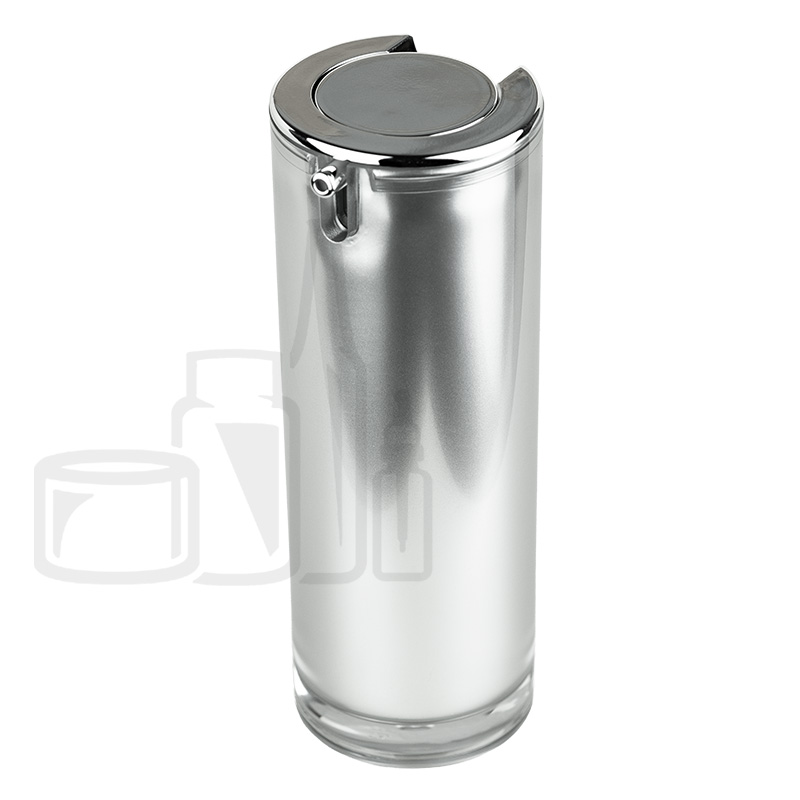 Stock 30ml double wall airless bottle, acrylic outer bottle, PP inner bottle, matte silver body, shiny silver shoulder and actuator