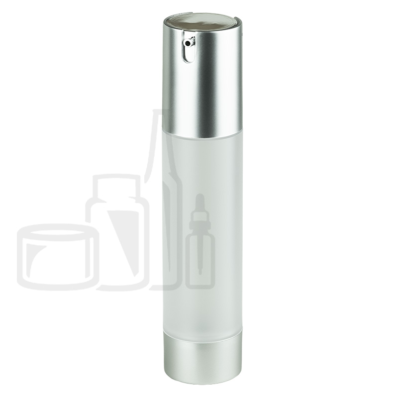Stock 50ml SAN frosted airless bottle, matte silver integrated pump/cap and base, shiny silver actuator