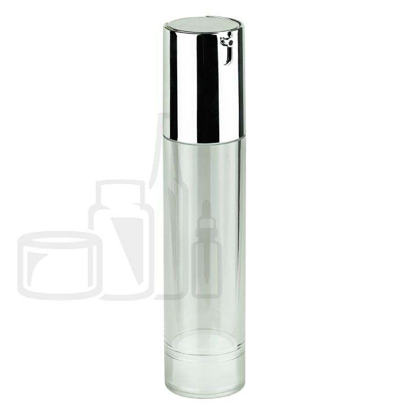 Stock 50ml SAN clear airless bottle, shiny silver integrated pump/cap and actuator